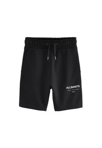 Mustad vabaaja lühikesed püksid, millel on elastne vöökoht ja nöör, küljetaskud ning valge "ALLSAINTS" tekst vasakul säärel.