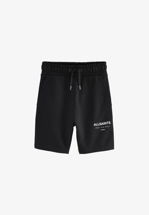 Mustad vabaaja lühikesed püksid, millel on elastne vöökoht ja nöör, küljetaskud ning valge "ALLSAINTS" tekst vasakul säärel.