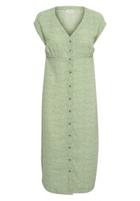 Robe midi verte avec décolleté en V, courtes manches capes, fermeture à boutons sur le devant et motif floral sur un tissu léger.