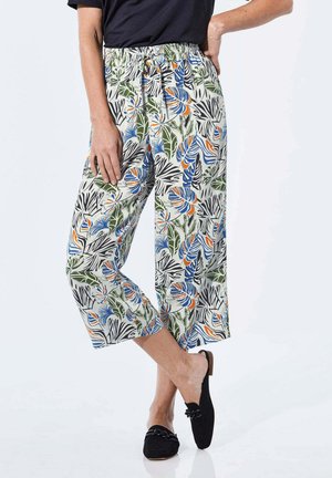 Pantalons légers à motifs avec un design floral en vert, bleu et orange. Dotés d'une taille élastique et d'une longueur cropped.