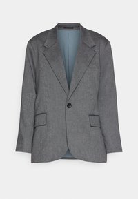 Szary żakiet z teksturowanej tkaniny, z pojedynczym zapięciem na guzik, klapami notch i przednimi kieszeniami. Podszewka w kontrastowym jasnoniebieskim kolorze.