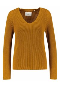 Mosterdgele gebreide trui, V-hals ontwerp, lange mouwen, geribbelde structuur, met een label waarop "Marc O'Polo" staat.