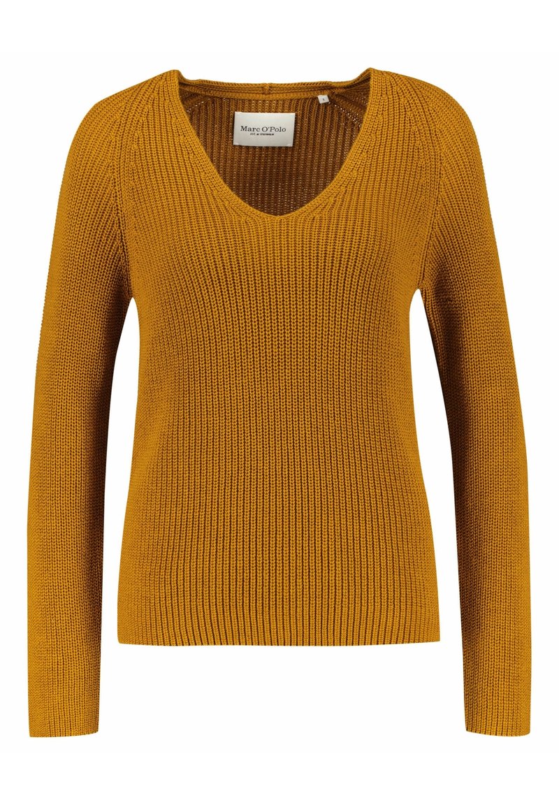 Mosterdgele gebreide trui, V-hals ontwerp, lange mouwen, geribbelde structuur, met een label waarop "Marc O'Polo" staat.