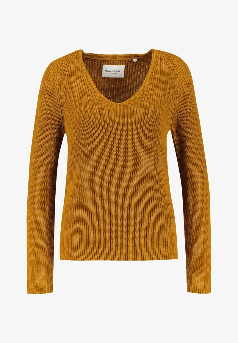 Mosterdgele gebreide trui, V-hals ontwerp, lange mouwen, geribbelde structuur, met een label waarop "Marc O'Polo" staat.