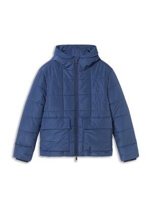 Giacca imbottita blu con cappuccio, dotata di chiusura frontale con zip, due ampie tasche anteriori e cuciture orizzontali per texture.