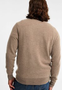 Beige Wollpullover mit langen Ärmeln, gerippten Bündchen und Saum, leicht taillierter Schnitt, mit weicher Textur und glatter Oberfläche.
