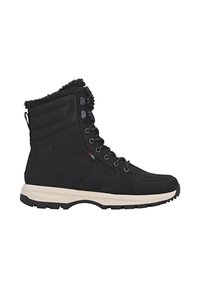 Schwarze Stiefel bis zur Mitte der Wade aus Wildleder und Textilmaterialien, mit einem fleecegefütterten Kragen, Metallösen und einer strukturierten Gummisohle. Minimalistisches Branding.