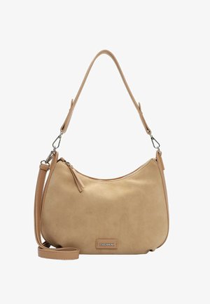 Sac à bandoulière en cuir fauve avec fermeture éclair argentée, sangle amovible, et étiquette « EMILY & NOAH » sur le devant.