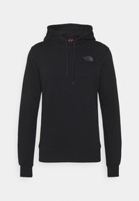 Hoodie noir en coton avec capuche à cordon, poignets et ourlet côtelés, arborant un logo discret sur la poitrine gauche dans une impression sombre.