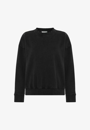 Eenvoudig zwart langemouwen sweatshirt met ronde hals, ribbelboorden en onderrand, met loose fit, weergegeven op een witte achtergrond.