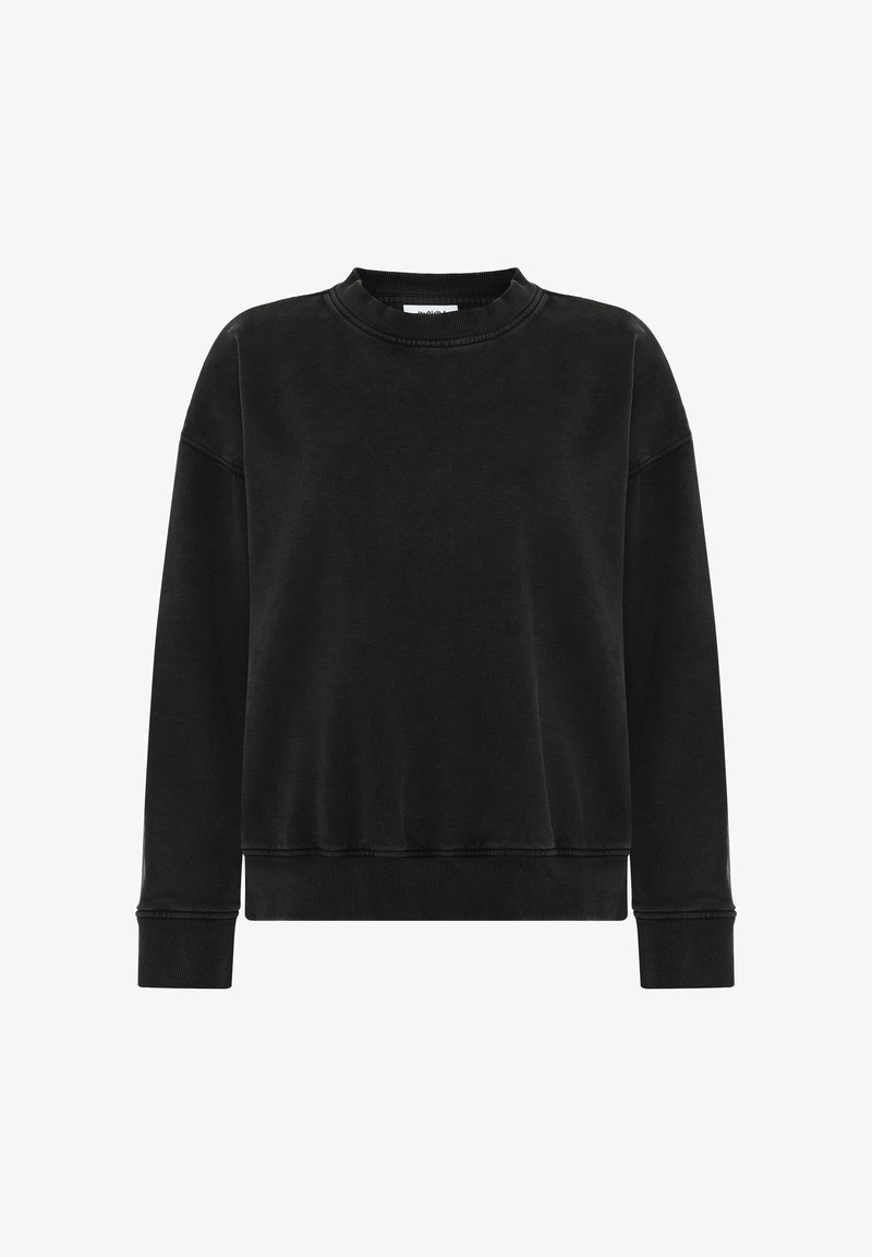 Sudadera negra de manga larga con cuello redondo, de ajuste relajado, con puños y dobladillo acanalados, mostrada sobre un fondo blanco.