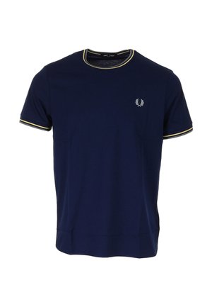 T-shirt blu navy a maniche corte con rifiniture a costine gialle e bianche su collo e maniche, piccolo logo alloro bianco sul petto a sinistra.