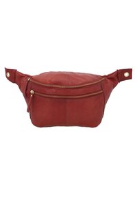 La borsa a fanny pack in pelle rossa presenta una forma arrotondata, scomparti doppi con zip e chiusure a scatto alle estremità per un indosso sicuro.