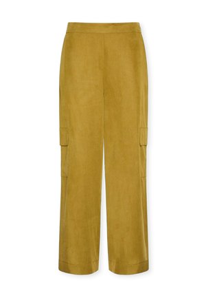 Pantaloni giallo senape a gamba larga con tasche cargo laterali e vita alta, mostrati su uno sfondo bianco.