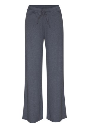 Dark gray, wide-leg pants made of soft fabric, featuring an elastic waistband with a drawstring. Simple design without patterns or accents.