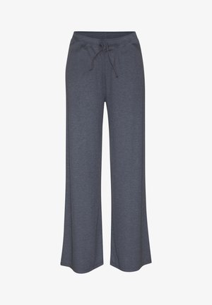 Dark gray, wide-leg pants made of soft fabric, featuring an elastic waistband with a drawstring. Simple design without patterns or accents.