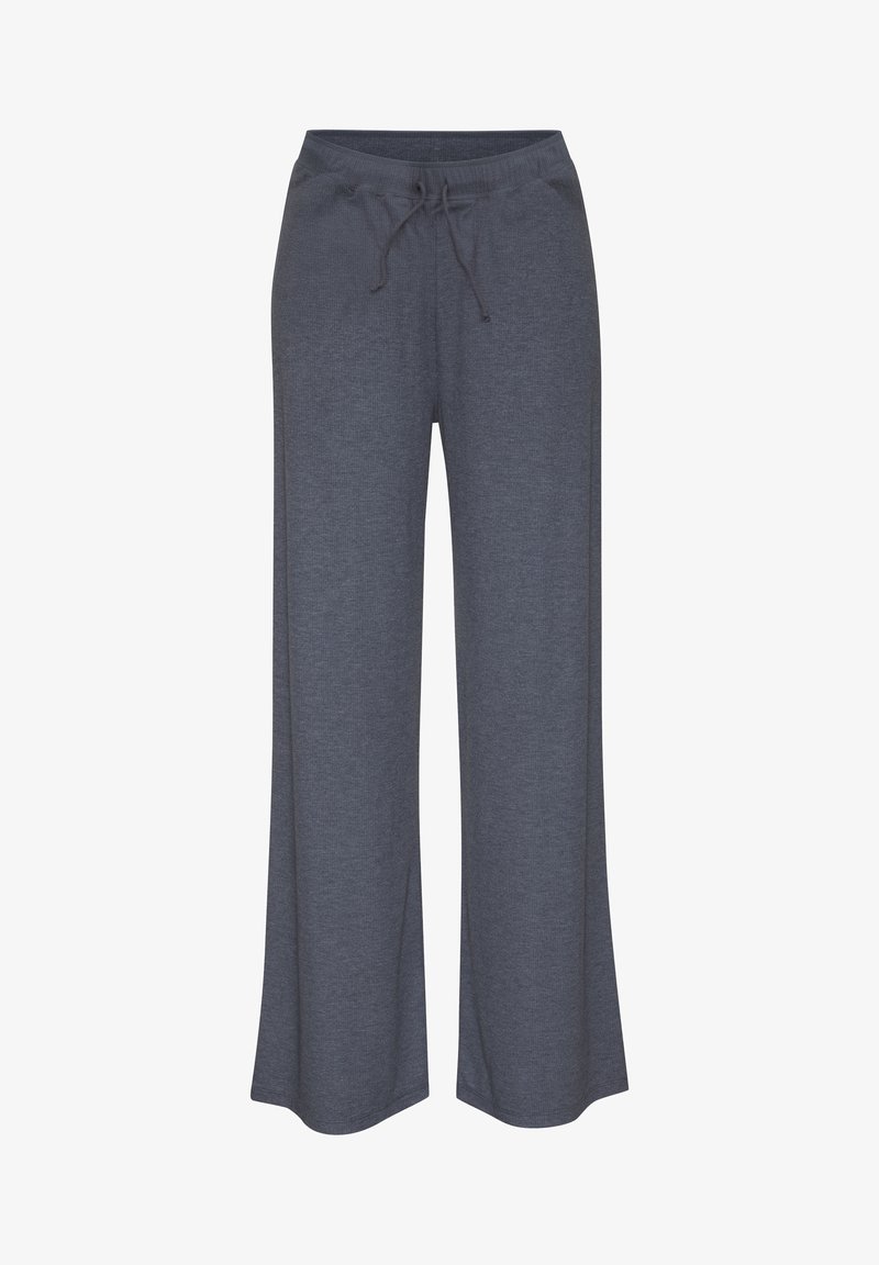 Dunkelgraue, weite Hose aus weichem Stoff mit einem elastischen Bund und Kordelzug. Einfaches Design ohne Muster oder Akzente.