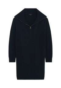 Abito in maglia color blu scuro con colletto a metà zip, polsini e orlo a costine. Presenta un pannello testurizzato a forma di V sul petto.