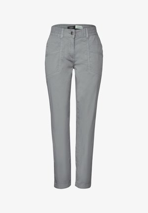 Pantalones gris claro con cintura elástica, bolsillos frontales y un corte ajustado. Tela suave con detalle de costura en los bolsillos.