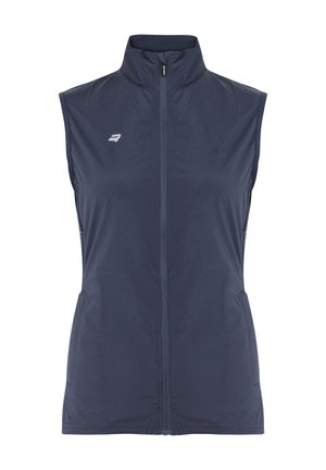 Marineblauw mouwloos jack gemaakt van lichtgewicht, gladde stof. Voorzien van een hoge kraag, een ritssluiting aan de voorkant en twee zijzakken. Minimalistisch merkdetail.