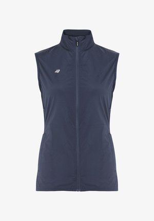 Mørkeblå ærmeløs jakke lavet af let og glat stof. Har en høj krave, lynlås foran og to sidelommer. Minimal brandingdetalje.