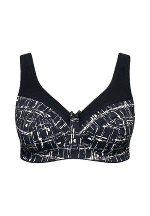 Seno regolabile con motivo a righe bianche e nere, chiusura a gancio e occhiello, e una texture liscia sul tessuto superiore.