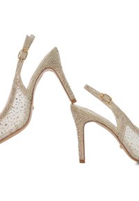 High-heeled slingback shoes in beige mesh and embellished with clear beads. Features a slender heel and a gold buckle detail on the strap.