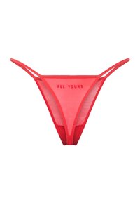 Tanga rouge transparent avec double bande latérale et inscription "ALL YOURS" en rouge sur la partie centrale avant.