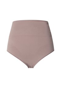 Høyt liv, lys mauve shapewear-bukse laget av glatt stoff med sømløst design og subtil tekstur, med et høyt liv for støtte.
