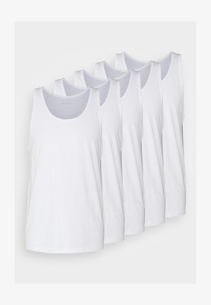 Five white cotton tank tops with wide shoulder straps and rounded necklines. The fabric appears smooth and lightweight, suitable for casual wear.