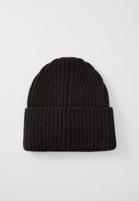 Bonnet en tricot noir avec une texture côtelée, présentant un revers replié en bas. Design en tissu doux et flexible.