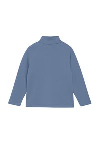 Långärmad, ribbad, högkragad tröja i mjukt blått tyg med slät textur och raglanärmar. Ingen synlig logotyp eller mönster.