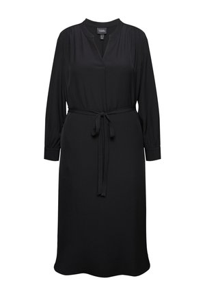 Schwarzes Kleid aus glattem Stoff, mit langen Ärmeln, V-Ausschnitt, elastischen Manschetten, einem Taillengürtel und geradem Schnitt.