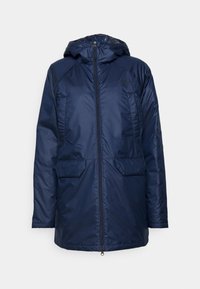 Marineblauwe hooded jas van waterafstotende stof, met een voorkantrits, twee voorzakken en een relaxed fit ontwerp.