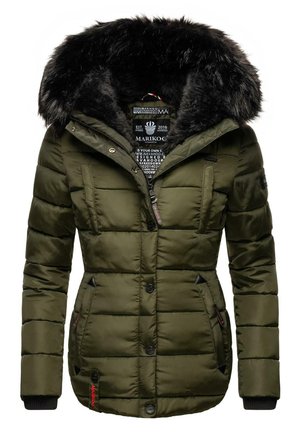 Olive green puffer jacket with a faux fur-lined hood, zip and button closure, and multiple pockets. Quilted design with solid texture.