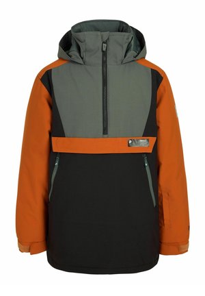 Children’s hooded winter jacket with orange sleeves, green chest, black lower body, front zipper, and two zippered pockets.