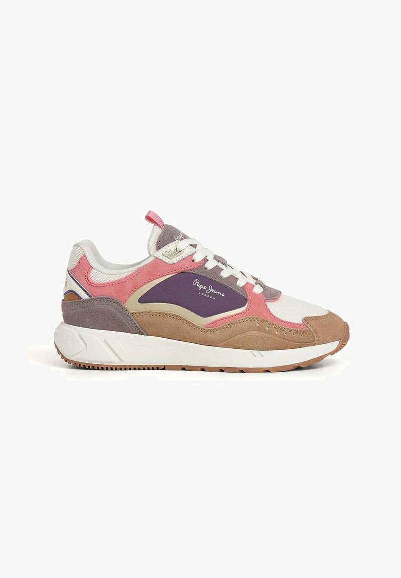 Sneaker multicolore con una combinazione di suede rosa, viola e beige, con una suola intermedia bianca e suola in gomma. Design con lacci e dettaglio con il marchio.
