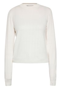 Pulover lung cu mânecă din tricot cu nervuri, de culoare crem deschis. Are un guler rotund și o siluetă ajustată. Textură moale cu modele verticale subtile.