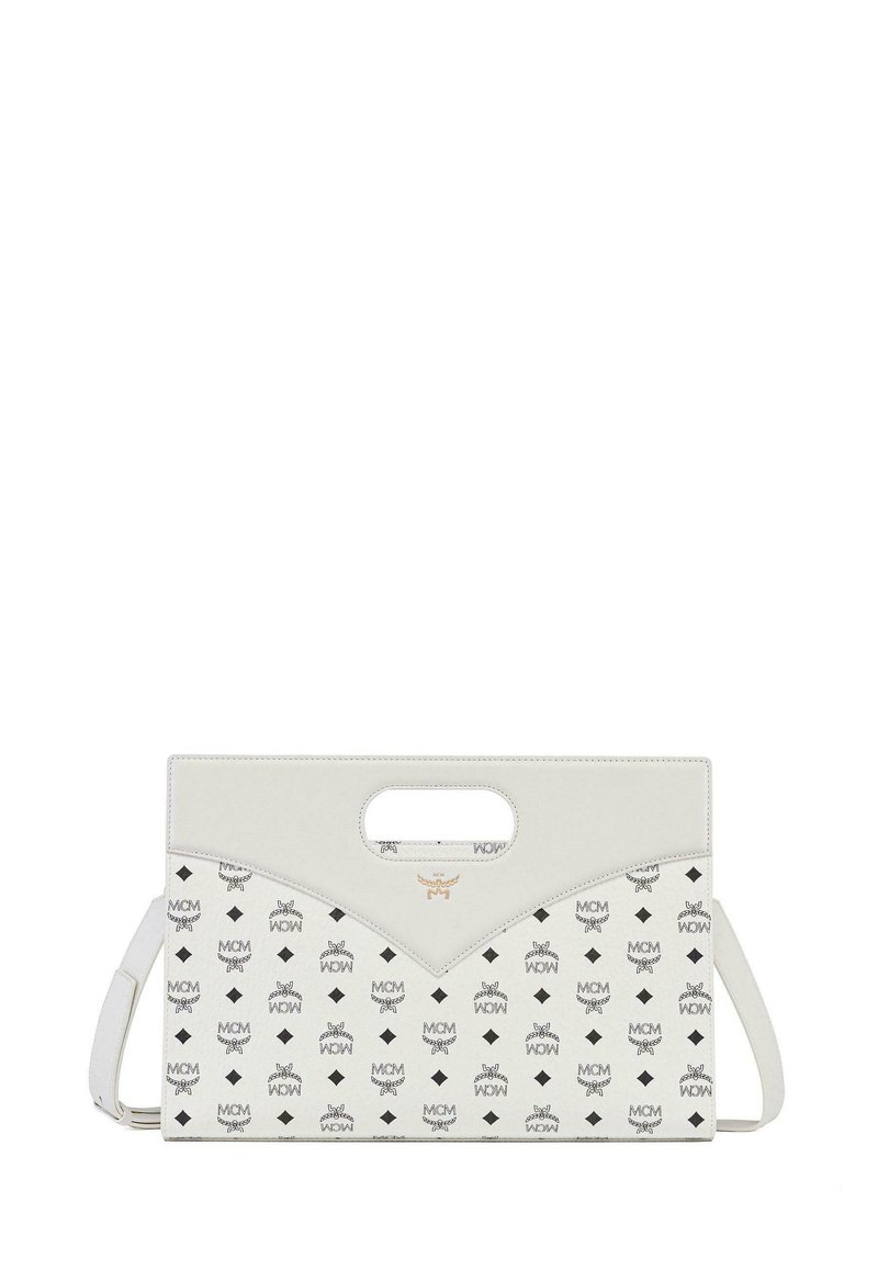 Sac à main en cuir blanc au design structuré, doté d'une grande poignée découpée, d'une impression de logo et d'une bandoulière réglable. Accentué par des détails en métal doré.