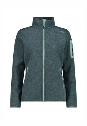 Donkergrijze fleecejas met volledige ritssluiting, hoge kraag, twee voorzakken met rits en een ritszak op de linker bovenmouw.