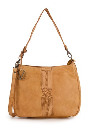 Tasche aus braunem Leder mit geflochtenen Details auf der Vorderseite, silbernen Hardware-Akzenten und einem abnehmbaren Gurt für eine verstellbare Länge.