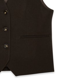 Rjav tkaninski žepni jopič z vpetimi črnimi gumbi, gladko teksturo in enim žepom na levi strani. Oblikovan s poudarjenimi robovi.