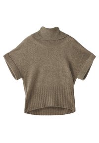 Ruskea, lyhythihainen pooloneule, valmistettu ribbineuloksesta; siinä on laatikkomainen muoto, taitettu kaulus ja teksturoitu pinta.