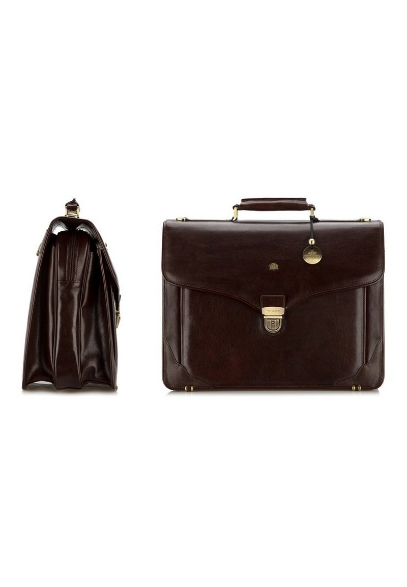 Hnědá kožená aktovka se strukturovaným designem, zlatými kovovými detaily a horní rukojetí; obsahuje uzávěr na západku a postranní zip.