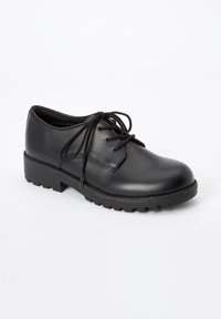 Chaussures en cuir noir avec une pointe arrondie, dotées d'un laçage et d'une semelle en caoutchouc texturé et épais pour une meilleure adhérence.