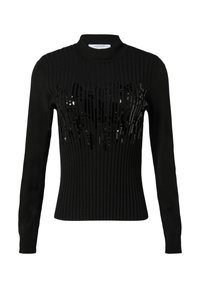 Schwarzer gerippter Pullover mit langen Ärmeln und hohem Kragen. Pailletten sind vertikal auf der Vorderseite angeordnet und verleihen Textur und Detail.