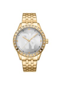 Goldfarbener Metallarmbanduhr mit silbernem Zifferblatt, ausgestattet mit einem mit Kristallen besetzten Gehäuse und markierten Stundenindizes an einem Gliederarmband.