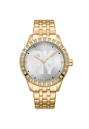 Goldfarbener Metallarmbanduhr mit silbernem Zifferblatt, ausgestattet mit einem mit Kristallen besetzten Gehäuse und markierten Stundenindizes an einem Gliederarmband.