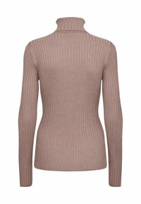 Ribbed turtleneck sweater in a soft mauve color. Features long sleeves and a close-fitting silhouette, made from a stretchy knit material.