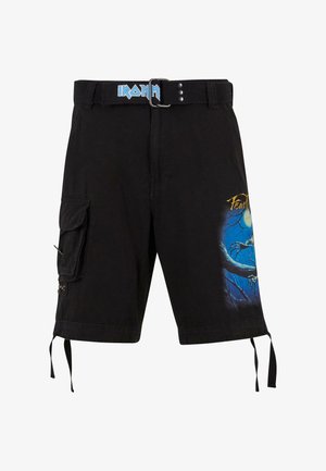 Sorte cargo shorts med et blåt grafisk print. Har justerbare sidelæg, et bælte med "IRON"-bogstaver og flere lommer.